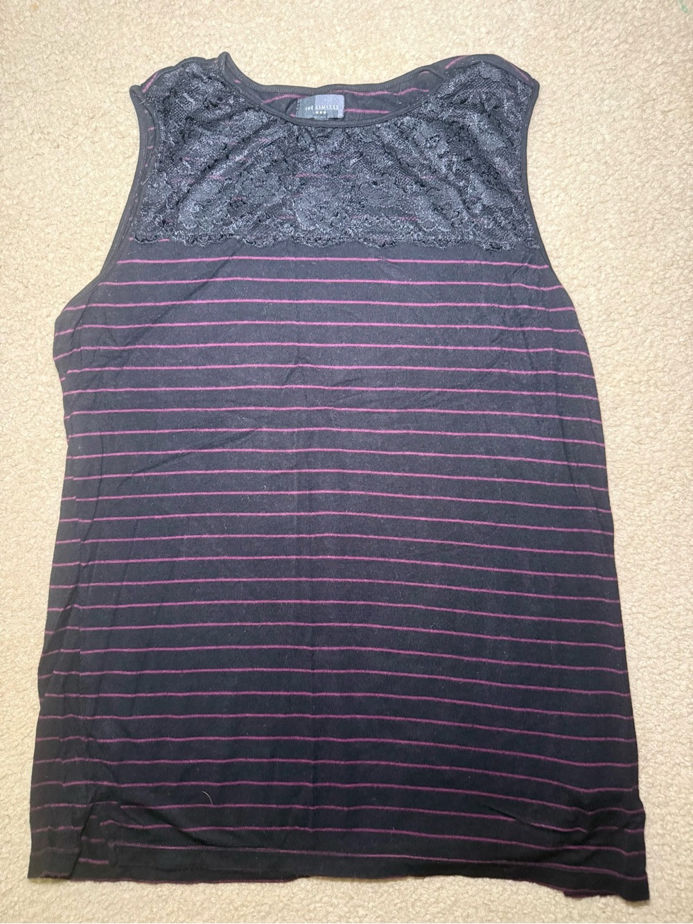 The Limited Black Tank Top with Purple Stripes and Lace Yoke